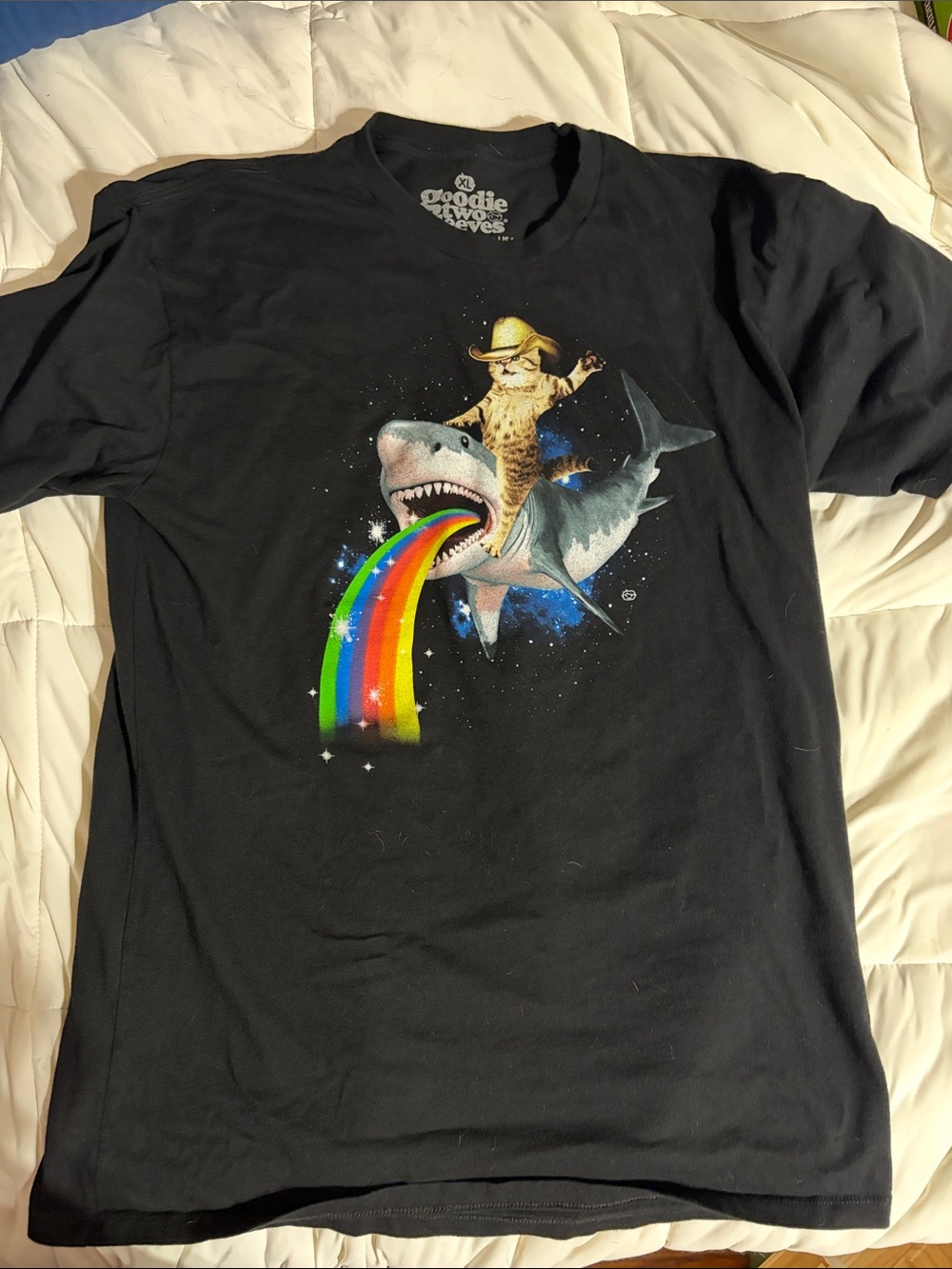 Goodie Two Sleeves Men's Black Graphic Tee with Cat & Rainbow Shark